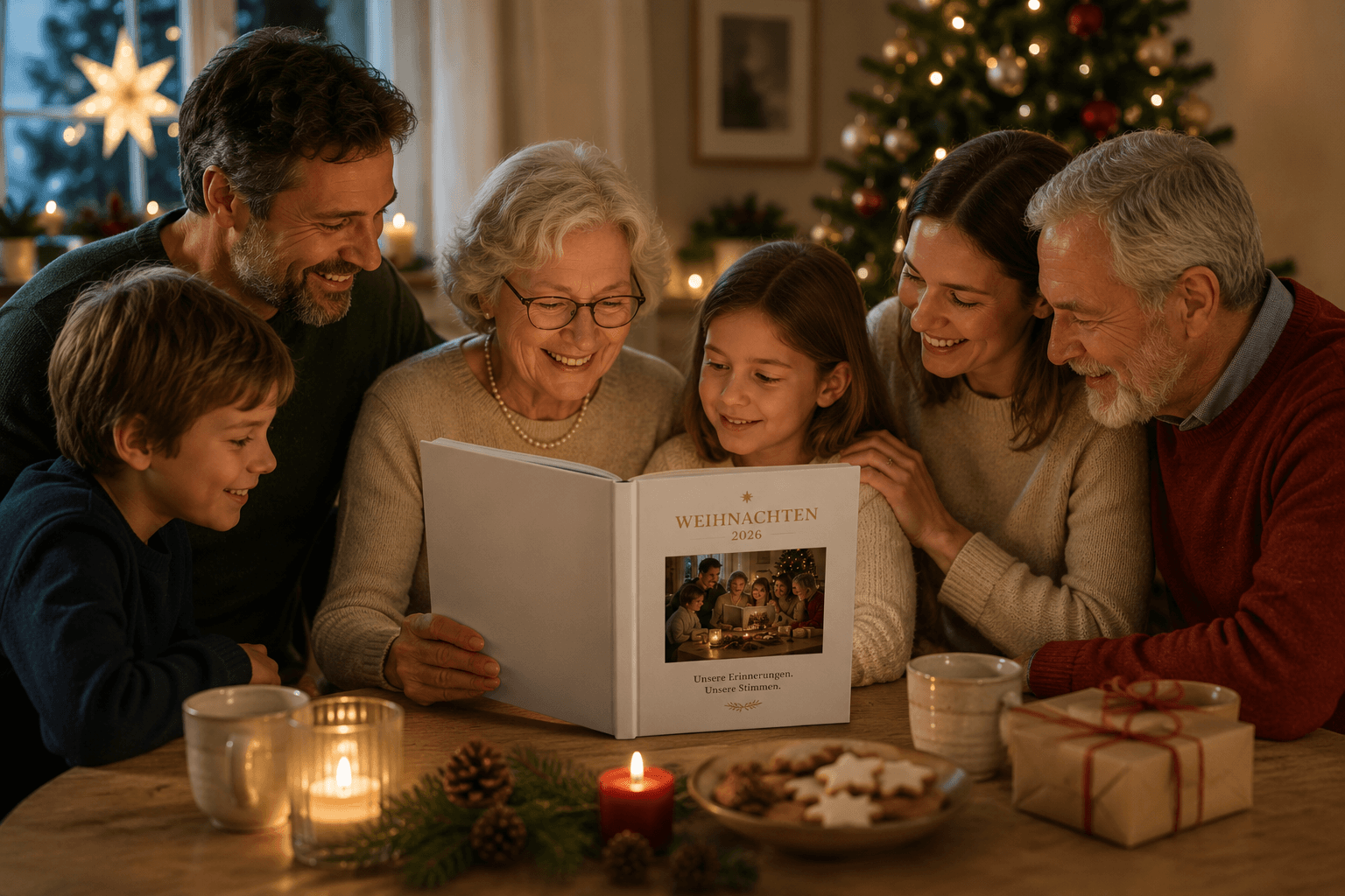 Drei Generationen blättern gemeinsam in einem Erinnerungsbuch zu Weihnachten