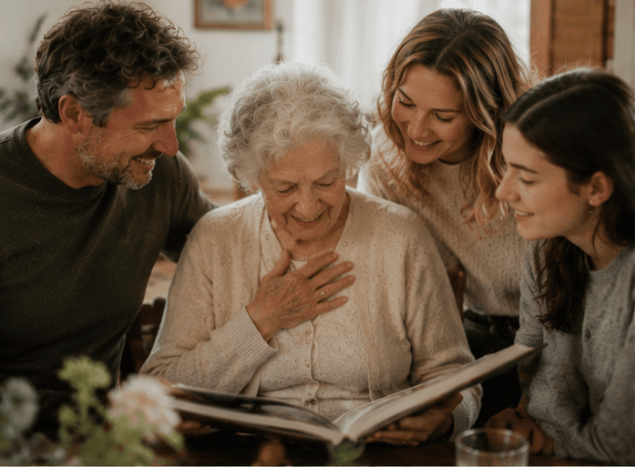Familie überreicht ein Erinnerungsbuch zum Geburtstag